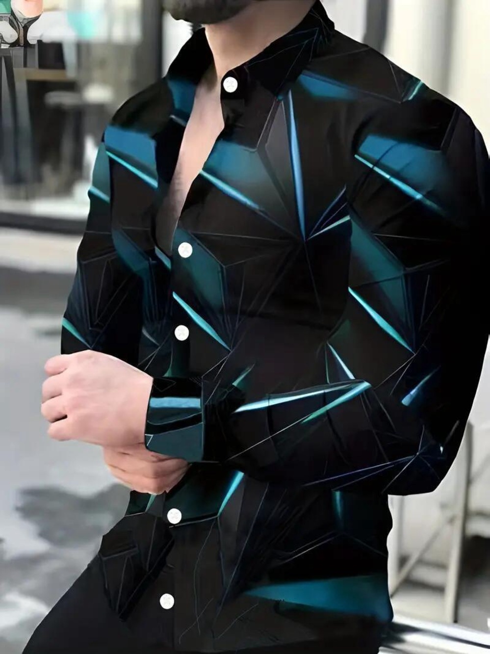 MANFINITY Men’s XL Black Blue Geometric Print Button Down Shirt NWT